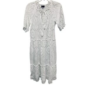 O.P.T One Pretty Time White Eyelet 100% Cotton Boho Peasant Midi Dress Size Med